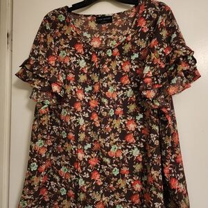 Lane Bryant Floral Ruffle Top - Brown, Red, Green